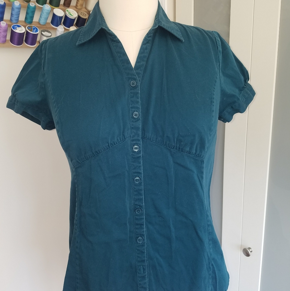 Teal Yoke Style Blouse with Puff Sleeves